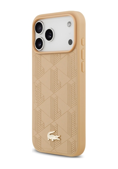 Apple Uyumlu iPhone 17 Pro Max Kılıf Lacoste Lisanslı M-safeli Pu Deri Karışık Monogram Desenli Kapak Bej Bej