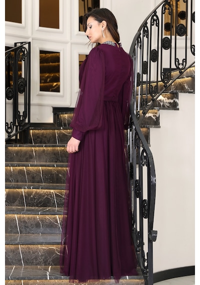 Raika Moda Senna Taş Detaylı Büyük Beden Şık Tesettür Abiye Mürdüm