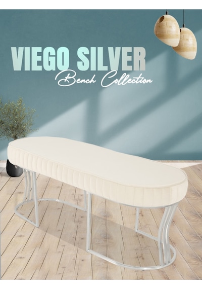Viego Silver Striped- Beyaz Kapitoneli Chester Model Puf & Bench & Koltuk & Uzun Makyaj Puff & Yatak Ucu &önü