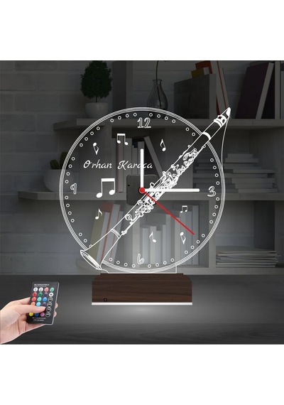Luvivia Klarnet Enstrüman Müzik Nota Kişiye Özel Saatli 3d Lamba - Masa Gece Lambası Şeffaf