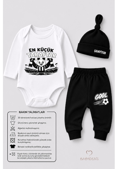 Babyden's %100 Pamuk Siyah Beyaz En Küçük Taraftar 3'lü Yenidoğan Bebek Takımı Uzun Kollu Body Pantolon Şapka Seti