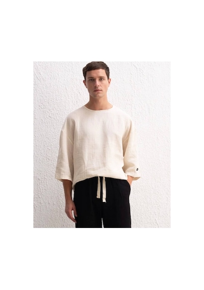 More Black Erkek Giesto Fakir Kol Keten T-shirt-beyaz Bej