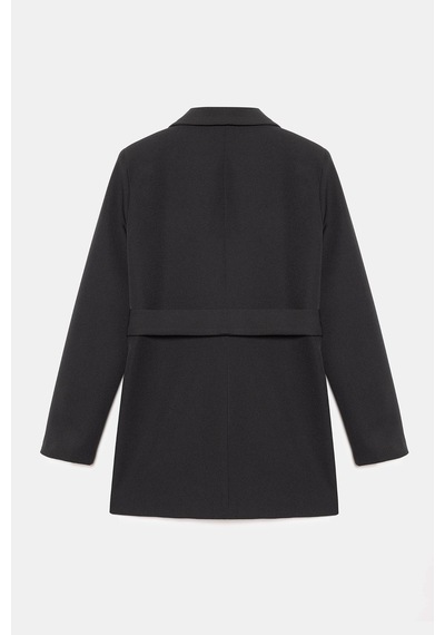 Sââde Kadın Tek Düğmeli Dokuma Kruvaze Blazer Ceket - Kuşaklı Siyah