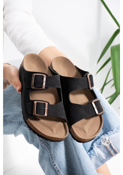 Stwenn Çift Tokalı Ortopedik Taban Terlik Unisex Günlük Rahat Kaymaz Taban Yazlık Sandalet Siyah