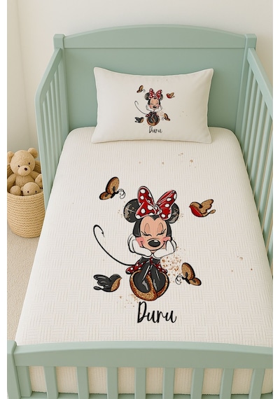 %100 Pamuk İsme Özel İsimli 100x150 Cm Pike Seti Minnie Ve Kuşlar