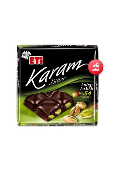 Karam %54 Kakaolu Antep Fıstıklı Bitter Çikolata 60 G X 6 Adet