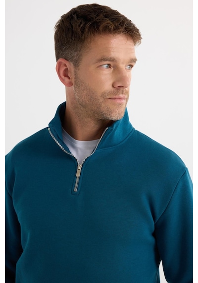 Tudors Unisex Relax Fit Rahat Kesim Pamuklu İçi Polarlı Yarım Fermuarlı İndigo Dik Yaka Sweatshirt-31449 Indigo