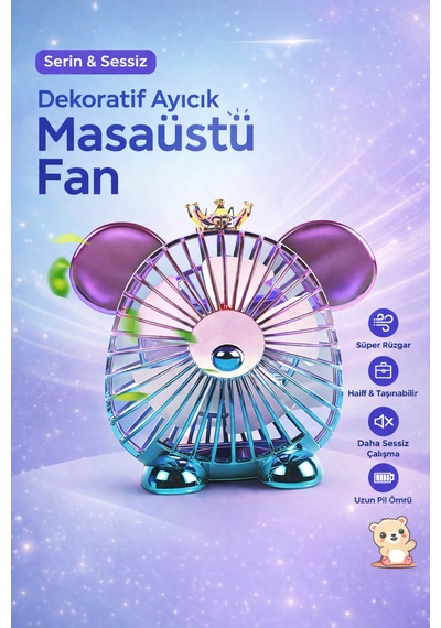 Sevimli Ayıcık Tasarımlı Mini Masaüstü Fan Taşınabilir Sessiz Usb Şarjlı Vantilatör 1200mah