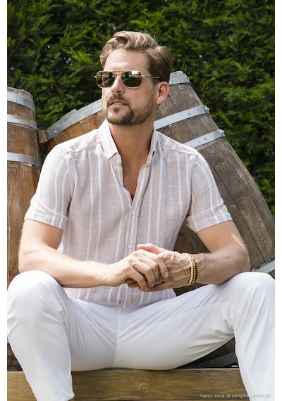 Buratti Çizgili Pamuklu Slim Fit Kısa Kollu Erkek Gömlek Cf23S116097 Taş