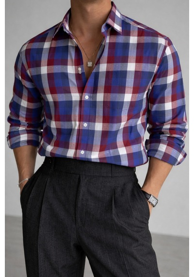 Cool Tarz Erkek Ekose Gömlek Slim Fit Pamuklu Uzun Kollu Günlük Şık Gömlek Bordo Bordo