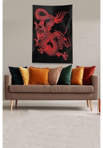 Pelangi Siyah Kırmızı Ejderha Leke Tutmaz Kadife Kumaş Duvar Örtüsü Duvar Halısı Tapestry Kwll364, 140 X 140 Çok Renkli