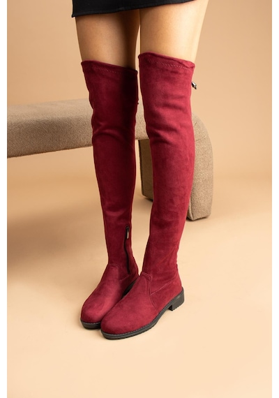 Shoetek Izabella Kadın Çizme Fermuarlı Streçli Bordo Süet Bordo Süet