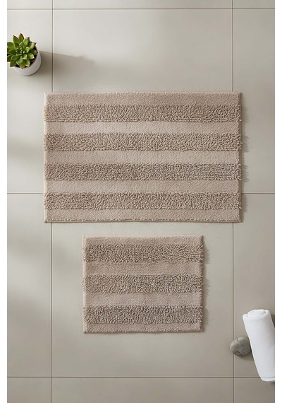 Bej Kabartmalı Çizgili 2 Li Banyo & Klozet Paspas Takımı Bej
