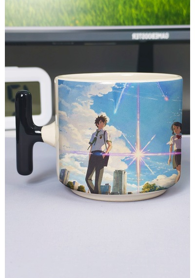 Kimi No Na Wa Anime Baskılı Seramik Lüks Kupa 1 Adet T Şeklinde Özel Siyah Kulp Dalga Kulp V5t Çok Renkli