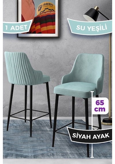Canisa Tera Serisi 1 Adet 65 Cm Su Yeşili Ada Mutfak Bar Sandalyesi Babyface Kumaş Siyah Metal Ayaklı Sandalyeler Su Yeşili Ayaklar Siyah