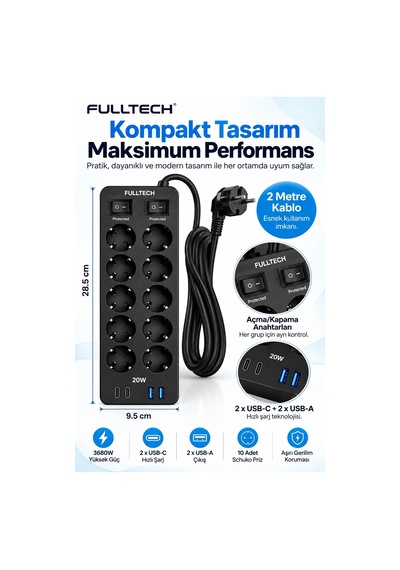Akım Korumalı 10 Lu Çoklu Priz 3680w 20w Hızlı Şarj 2 Usb-c 2 Usb-a 2 Metre Kablolu Ftr-30 1