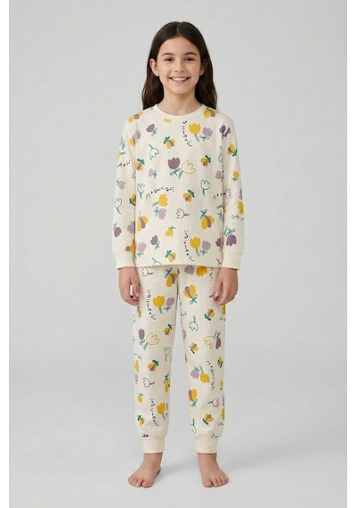 Magnifi Ove Yazılı Lale Baskılı Kız Çocuk Pijama Takımı Ekru