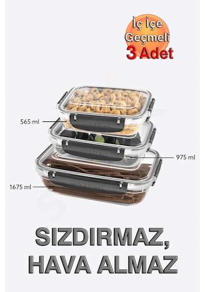 Lock&fresh Master Dikdörtgen Saklama Kabı 565,975,1675 Ml Üçlü Set Antrasit