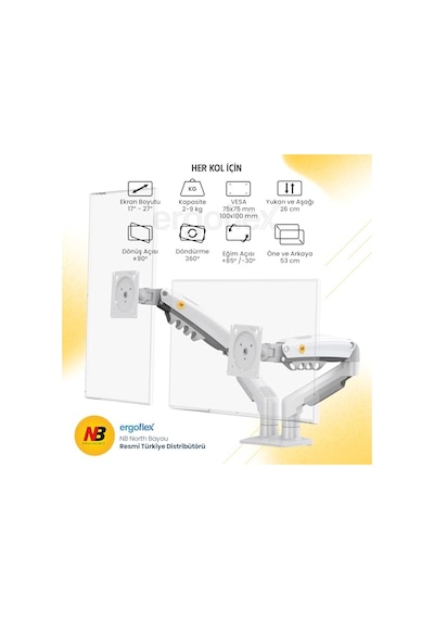 North Bayou Nb F160 Ergonomic Çift Kol 2-9 Kg Kapasiteli Yeni Nesil Profosyonel Monitör Standı Beyaz