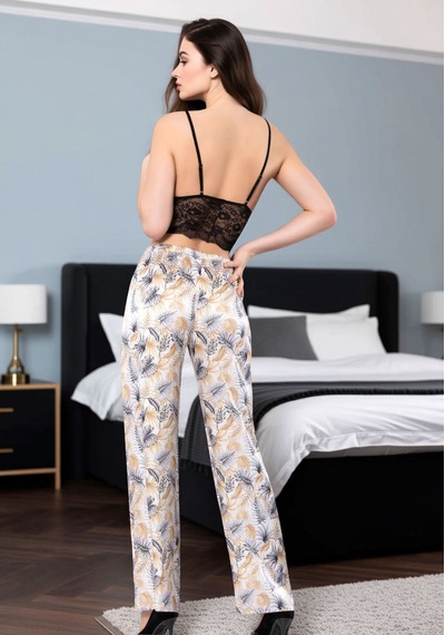Loule Kadın Desenli Braletli Sabahlıklı Saten Pijama Takımı 3 Parça