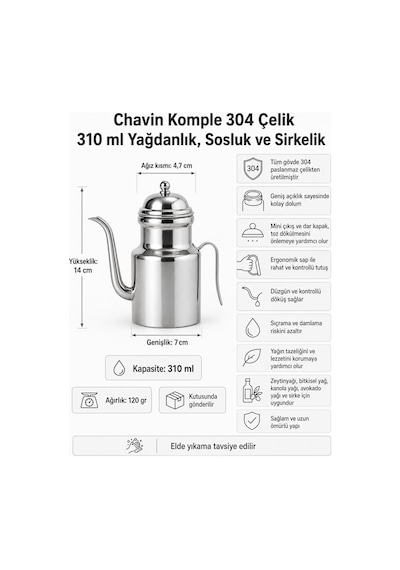 Komple 304 Çelik Silver 310 Ml Yağdanlık Sosluk Ve Sirkelik Cin596by Diğer