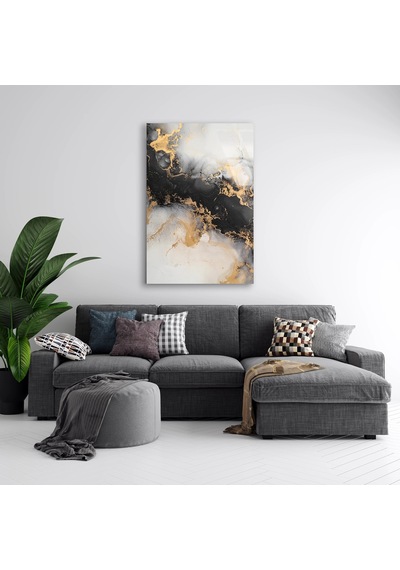 Siyah Altın Mermer Cam Tablo Yatay 90x140 Cm Deg1426