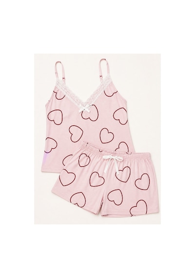 Bravie Kadın Büyük Beden İp Askılı Yakası Dantelli Kalpli Pembe Yazlık Pijama Takımı