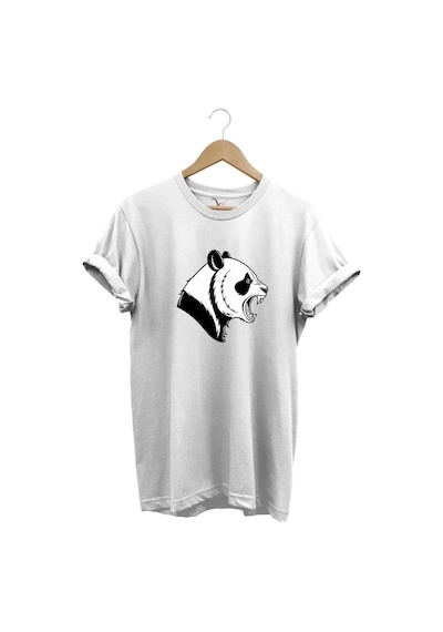 Kızgın Kükreyen Panda Baskılı %100 Pamuk Bisiklet Yaka Regular Fit Beyaz T-shirt Beyaz