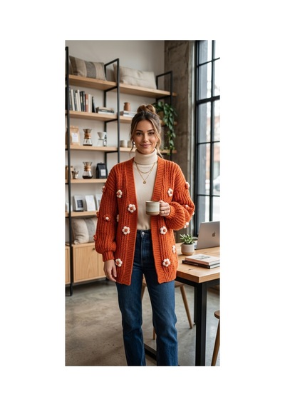 Trakyatrend Papatya Bahçesi El Örgüsü Görünümlü Turuncu Oversize Hırka Turuncu