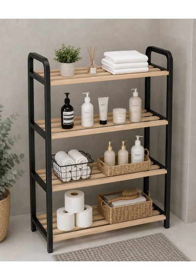Ahşap Banyo Düzenleyici Lüks 70 Cm Banyo Rafı, Banyo Dolabı, Plastik Çerçeveli Çok Amaçlı Raf 4 Katlı Düzenleyici Siyah