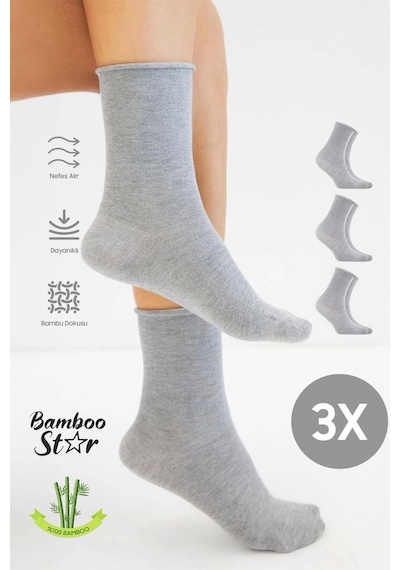 Bamboo Star Bambu Kadın Lastiksiz Gri Soket Dikişsiz Premium Çorap 3'lü Paket / Sıkmayan Çorap / İz Bırakmaz