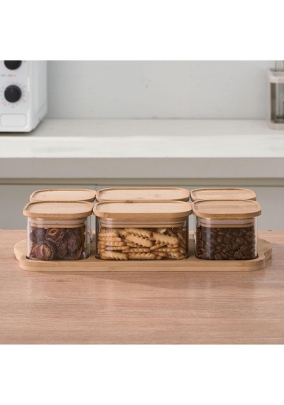 Amberhaus Bambu Kapaklı Cam Kahvaltılık Seti Ahşap Standlı Şık Tezgah Üstü Baharat Ve Kuruyemiş Düzenleyici Kavanoz 4'lü Ve 6'lı Seçenek Bambu, 6'lı Set - Model 2