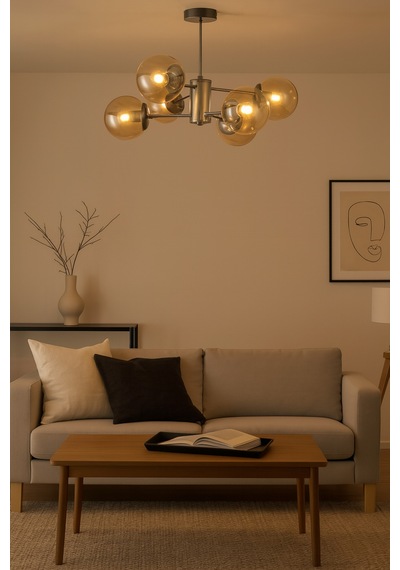 Seul Modern Tasarım Salon Yemek Odası Mutfak Gri Renk Bal Camlı Sarkıt 6 Lı Avize Gri Bal Gri Bal