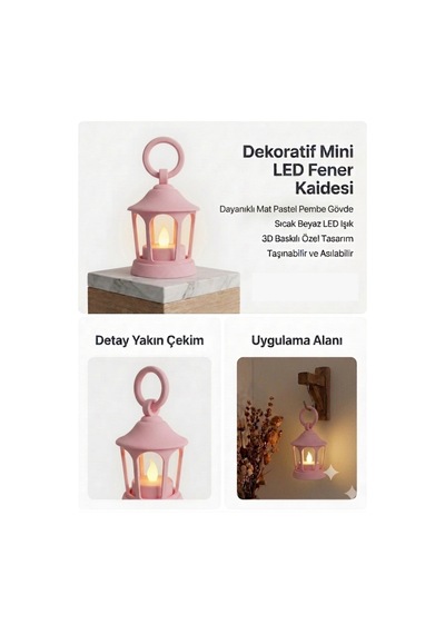 Dekoratif Fener Mini Kaide Led Mumlu Modern Masaüstü Aydınlatma - Otantik Ortam Aydınlatması - Pembe