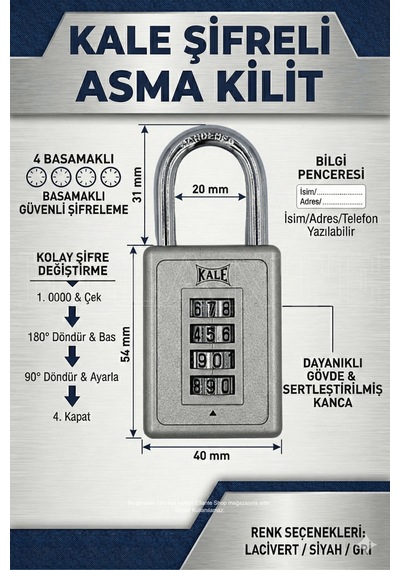 Kale Kilit 4 Haneli Şifreli Asma Kilit - Gri Valiz Ve Dolap Kilidi