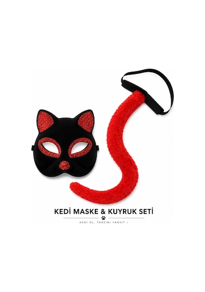 Kırmızı - 339 - Kedi Maske Ve Kuyruk Seti Parti - Kmrsfres - Kostüm Aksesuarı