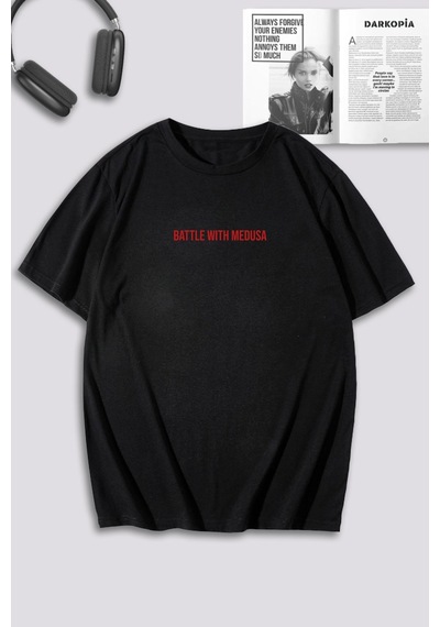 Unisex Kadın Erkek Battle With Medusa Baskılı Özel Tasarım Oversize T-shirt Siyah Mck0064 Siyah
