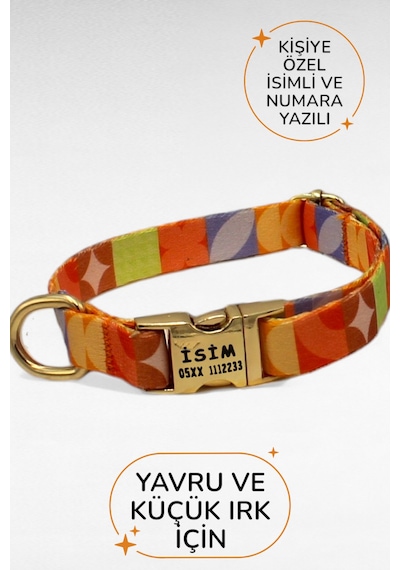 Caramelos İsimli Köpek Tasması, Yavru Köpek Tasması, Küçük Irk Köpek Tasması, Metal Kilit, 1,5 Cm Turuncu