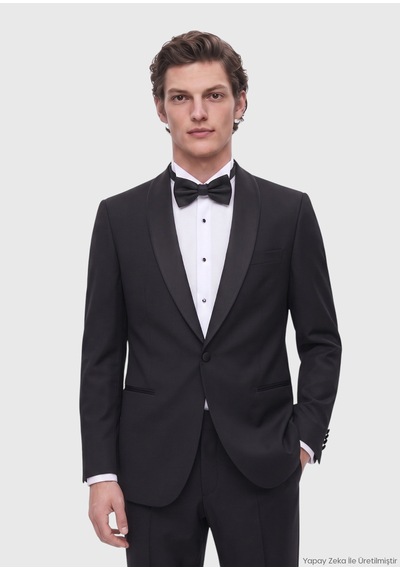 Ramsey Siyah Mikro Modern Fit Şal Yaka Dokuma Smokin Takım Elbise