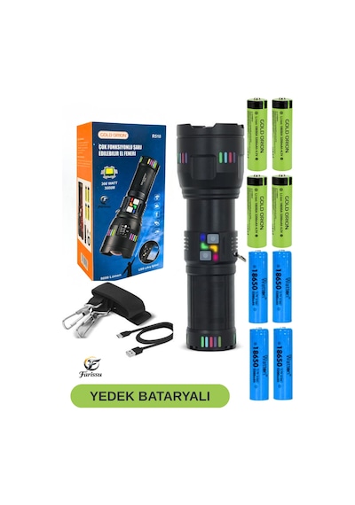 Gold Orion R518 300w 9000 Lümen Şarjlı El Feneri - 8 Adet Pilli Yedek Bataryalı Zoomlu Uzun Menzilli Siyah