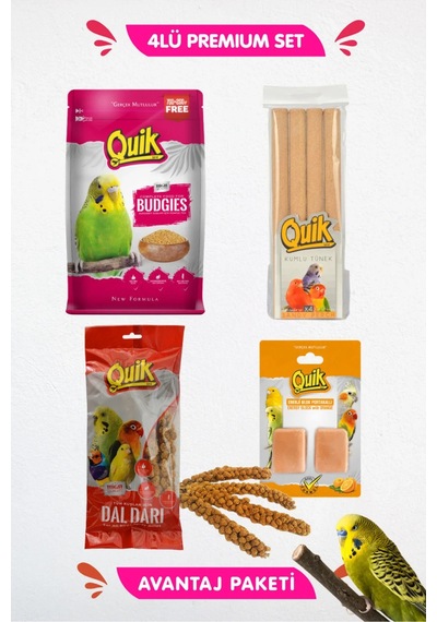 Quik 4lü Muhabbet Seti - Muhabbet Yemi 1kg Kumlu Tünek 4lü Portakal Gaga Taşı İkili Dal Dar