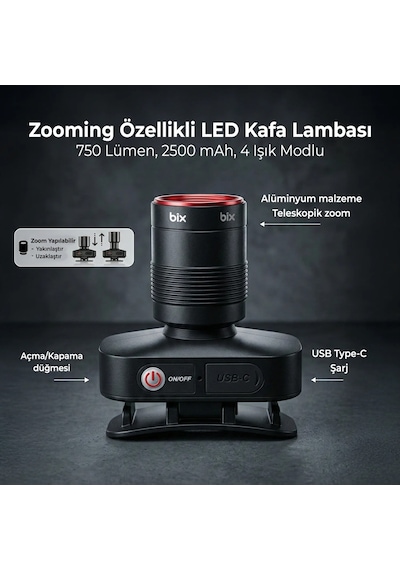 Bix Bxt1fl Şarjlı Kafa Lambası 750 Lümen 10w Led Kafa Feneri Type-c Zoom Özellikli Siyah