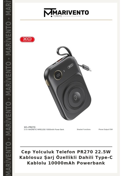 Cep Yolculuk Telefon Pr270 22.5w Kablosuz Şarj Özellikli Dahili Type-c Kablolu 10000mah Powerbank Çok Renkli