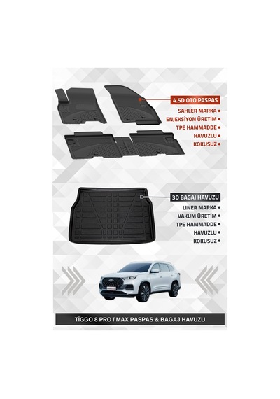 Sahler Chery Tiggo 8 Pro / Max 2022+ Uyumlu 4.5d Premium Havuzlu Paspas Ve Liner Marka 3d Bagaj Havuzu
