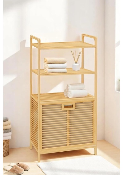 Bambu Xl Kirli Sepetli 3 Raflı Çok Amaçlı Banyo Düzenleyici Çamaşır Sepeti Organizer Db-0011 Çok Renkli
