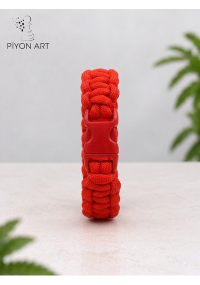 Piyonart El Yapımı Kırmızı Paracord Paraşüt İpi Unisex Bileklik Klipsli Outdoor Survival Takı L Bede