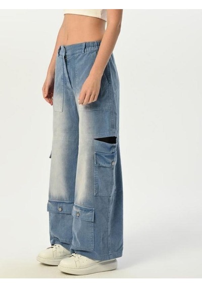 Zekids Kız Çocuk Paçası Cepli Gabardin Pantolon-15520 Mavi