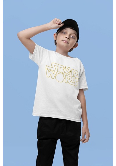 Sevbano Unisex Star Wars Yazılı Film Çocuk Tişört 1-12 Yaş Beyaz