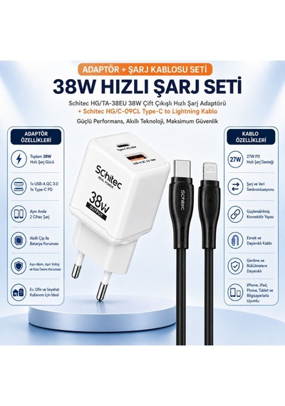 Schitec 38w 2 Çıkışlı Süper Hızlı Şarj Başlığı Ve 60w Type-c To Lightning Hızlı Şarj Ve Data Kablosu Siyah