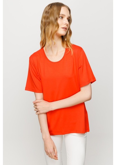 Kadın Sıfır Yaka Basic Penye T-shirt Oranj Oranj